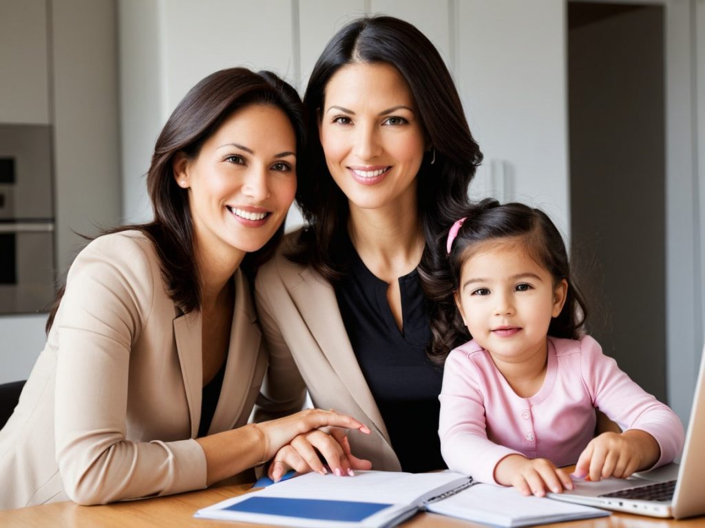 A working mother sitting at her home office, typing on a laptop while holding her toddler, representing the balance between career and parenting.