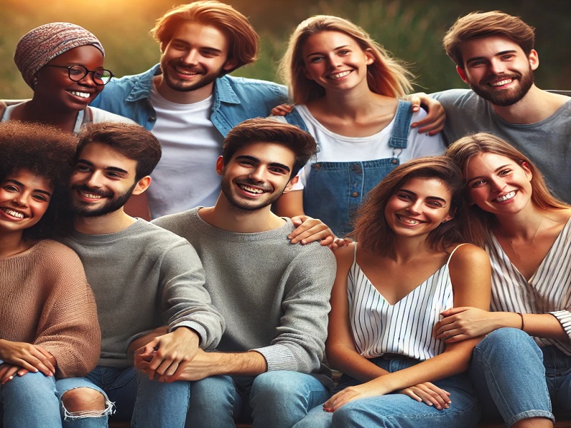 People of various body types and identities sitting outdoors, smiling and supporting each other, highlighting the positive impact on mental health.