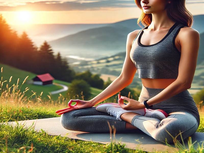 A woman practicing yoga in nature, maintaining physical and mental wellness."