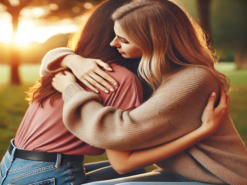 "Two women embracing each other in a park, radiating warmth and emotional connection, showcasing the support found in female friendships."