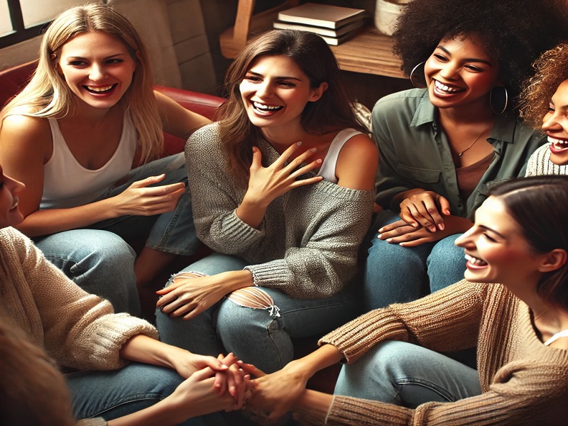 "A joyful group of women celebrating a friend's achievement with laughter and happiness, emphasizing the importance of support in friendships."