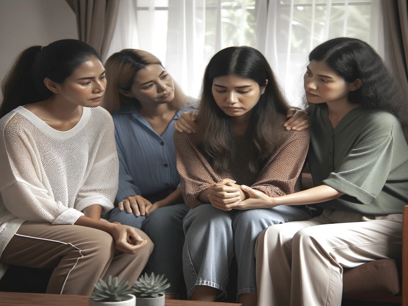 : "A group of women sitting together in a living room, offering comfort and support, symbolizing the strength of friendships during hard times."