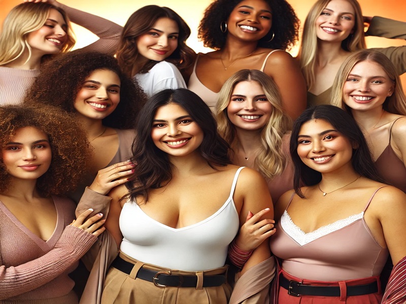 A diverse, smiling group celebrating body positivity and inclusivity, symbolizing acceptance and empowerment.