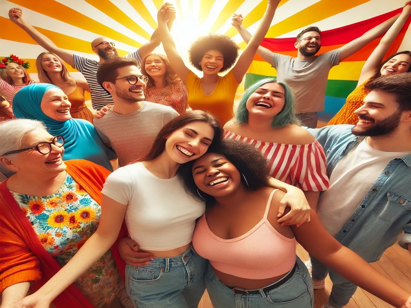 Diverse women standing together, smiling and supporting one another, symbolizing body positivity and self-acceptance.