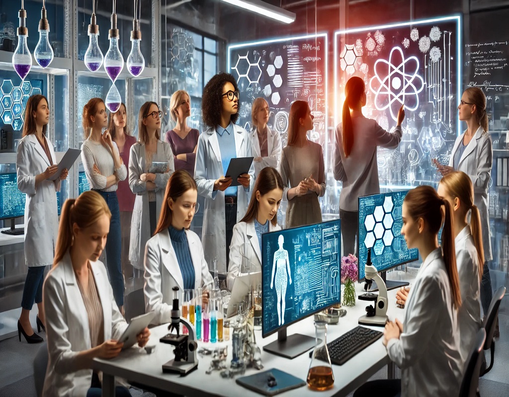 A diverse group of women in science and technology collaborating in a high-tech environment, symbolizing progress and gender inclusivity in STEM.