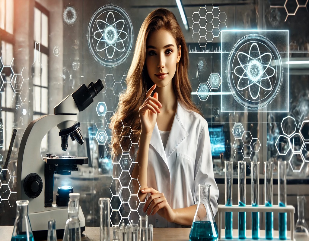 A female scientist in a lab coat working with advanced equipment, showcasing women’s role in scientific progress