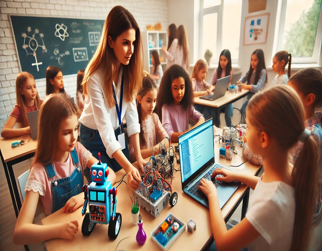 A female engineer adjusting a robotic arm in a high-tech lab, emphasizing women’s impact in engineering and AI development