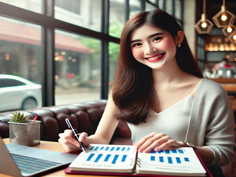 A woman looking at a graph with financial investments and real estate plans