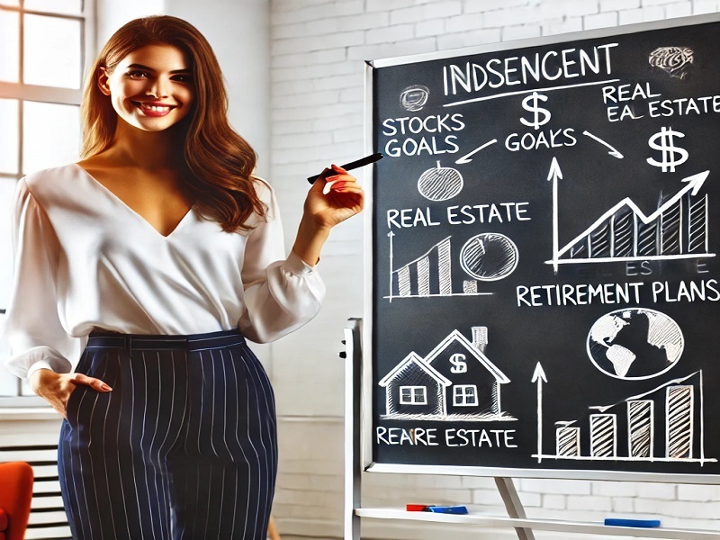 : A female investor looking at a digital tablet displaying stock market graphs and real estate investment opportunities. This image highlights the importance of investing in stocks, bonds, and real estate to build wealth and secure financial independence.