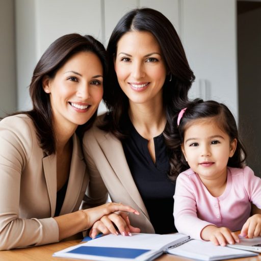 A working mother sitting at her home office, typing on a laptop while holding her toddler, representing the balance between career and parenting.